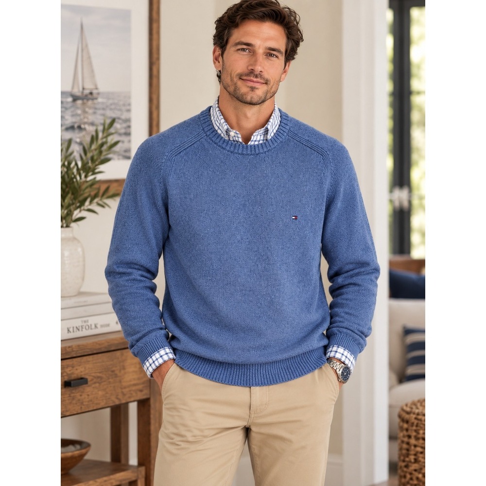 Tommy Hilfiger Mens Large Blue Cotton Crew Neck Knit Sweater Pullover Preppy